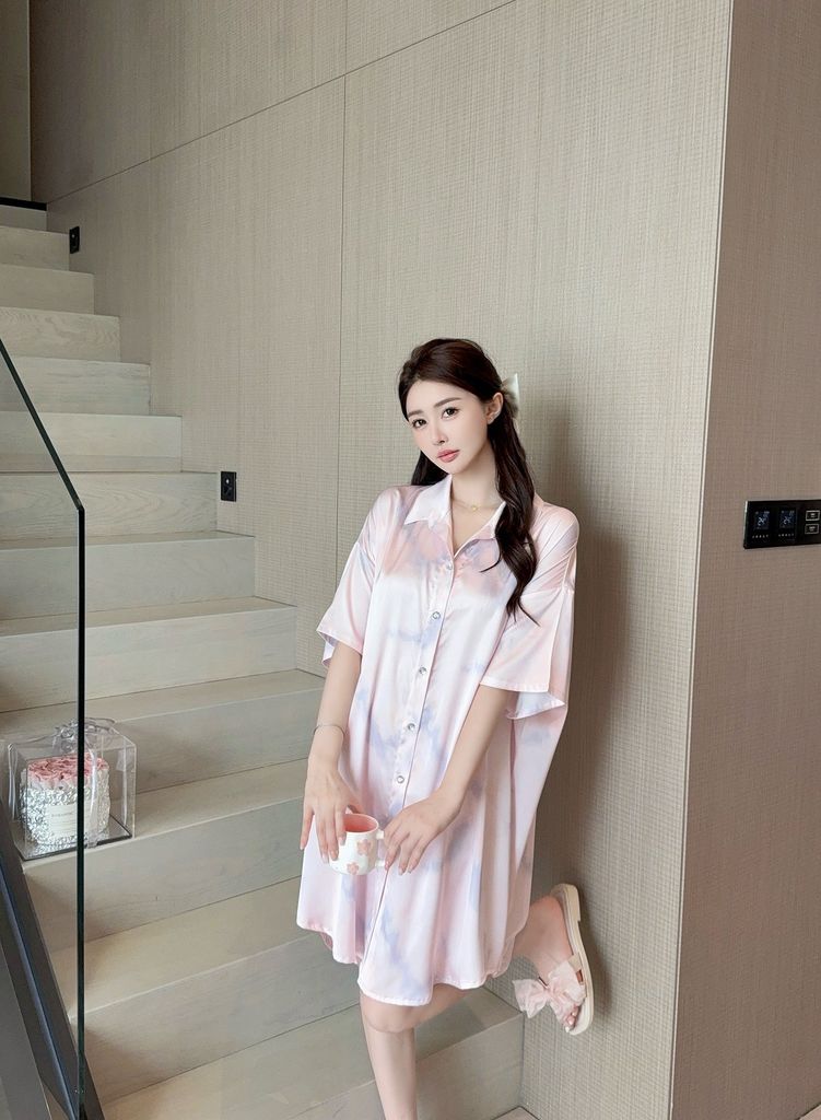 Váy lụa sơ mi Shury Store Home Wear SM21 đầm ngủ freesize phối ren lưng dáng suông 90cm tone tím