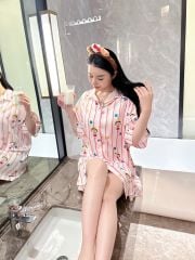 Váy ngủ sơmi lụa nữ Shury Store Home Wear SM25 đầm ngủ freesize in hình mặc nhà suông rộng mềm mại