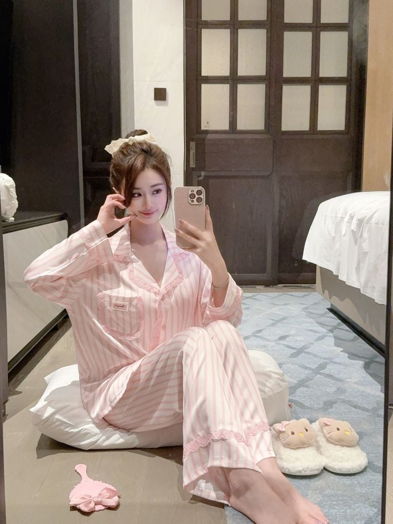 Đồ bộ ngủ nữ pyjama lụa Shury Store Home Wear TD04 tay dài quần dài mặc nhà size 45-75kg lụa mềm mát
