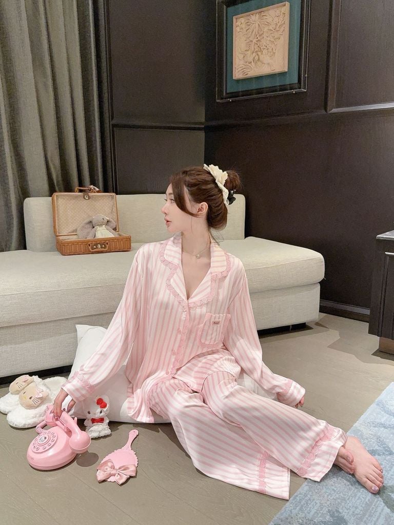 Đồ bộ ngủ nữ pyjama lụa Shury Store Home Wear TD04 tay dài quần dài mặc nhà size 45-75kg lụa mềm mát