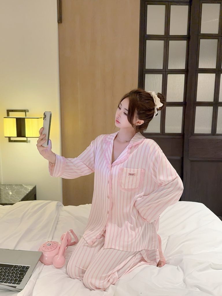 Đồ bộ ngủ nữ pyjama lụa Shury Store Home Wear TD04 tay dài quần dài mặc nhà size 45-75kg lụa mềm mát