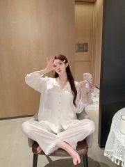 Đồ bộ ngủ nữ pyjama lụa Shury Store Home Wear TD46 tay dài quần dài màu trắng size 45-75kg mềm mịn