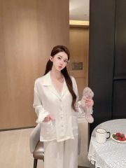 Đồ bộ ngủ nữ pyjama lụa Shury Store Home Wear TD46 tay dài quần dài màu trắng size 45-75kg mềm mịn