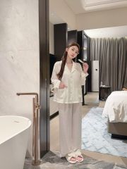 Đồ bộ ngủ nữ pyjama lụa Shury Store Home Wear TD46 tay dài quần dài màu trắng size 45-75kg mềm mịn