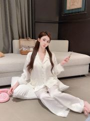 Đồ bộ ngủ nữ pyjama lụa Shury Store Home Wear TD46 tay dài quần dài màu trắng size 45-75kg mềm mịn