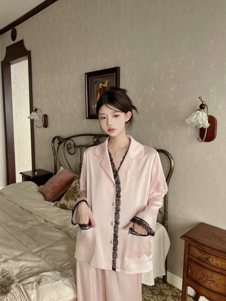 Bộ đồ ngủ lụa nữ Shury Store Home Wear TD29 bộ pyjama ngủ lụa tay dài phối ren form suông dễ thương