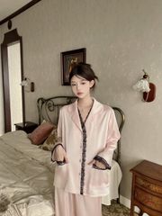 Bộ đồ ngủ lụa nữ Shury Store Home Wear TD29 bộ pyjama ngủ lụa tay dài phối ren form suông dễ thương