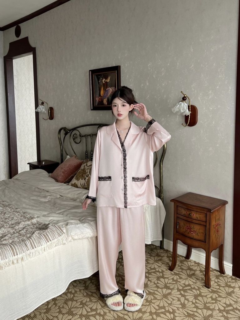 Bộ đồ ngủ lụa nữ Shury Store Home Wear TD29 bộ pyjama ngủ lụa tay dài phối ren form suông dễ thương