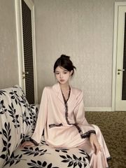 Bộ đồ ngủ lụa nữ Shury Store Home Wear TD29 bộ pyjama ngủ lụa tay dài phối ren form suông dễ thương