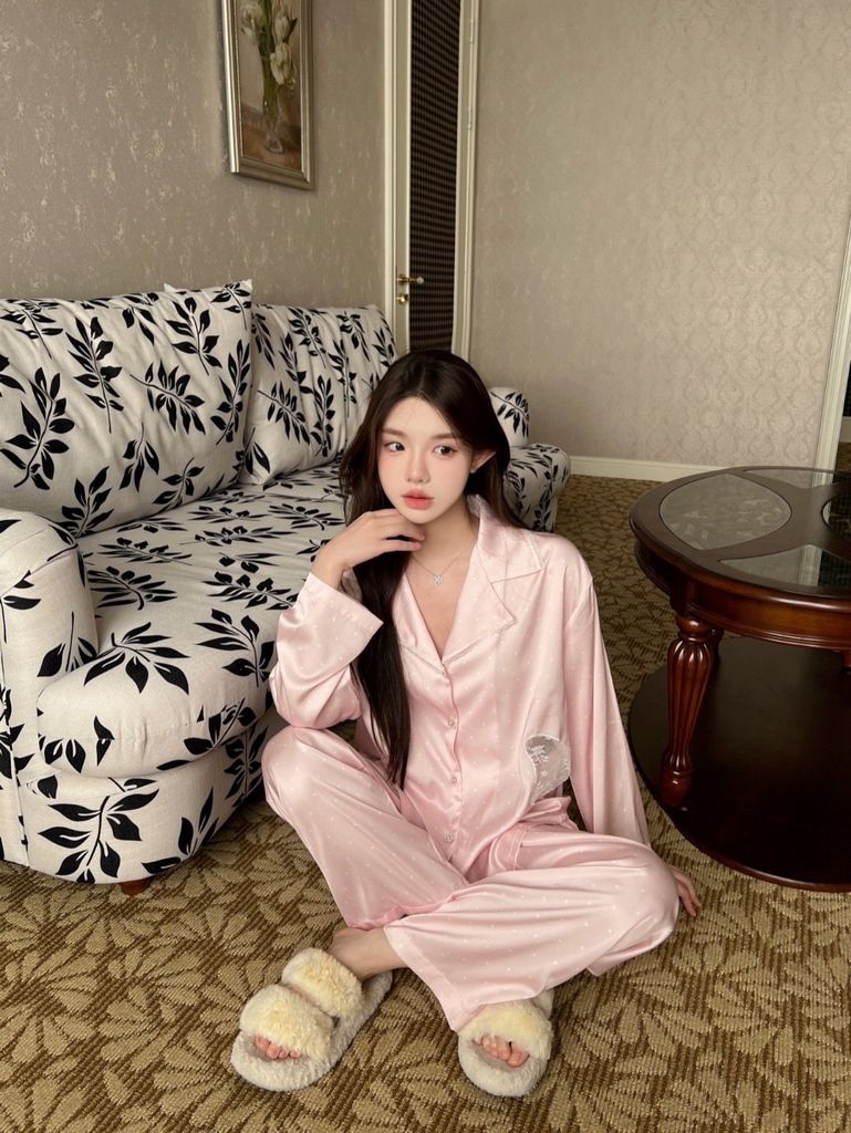 Đồ bộ ngủ nữ pyjama lụa Shury Store Home Wear TD75 tay dài quần dài chấm bi bộ ngủ mặc nhà mềm mát