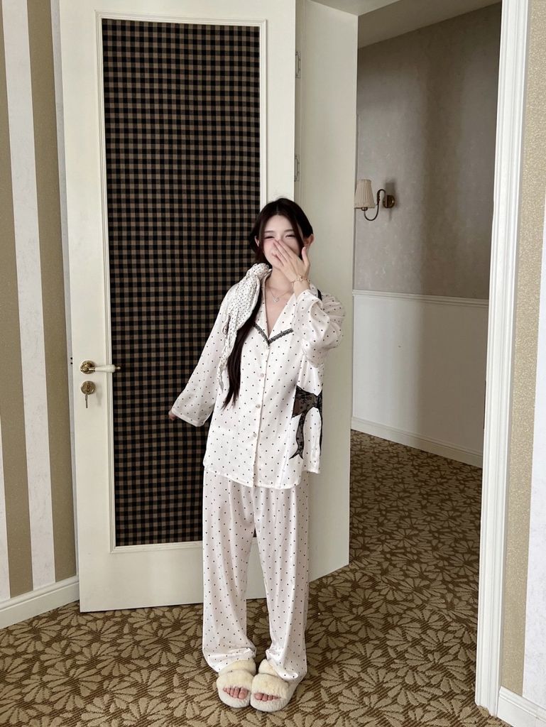 Đồ bộ ngủ nữ pyjama lụa Shury Store Home Wear TD75 tay dài quần dài chấm bi bộ ngủ mặc nhà mềm mát