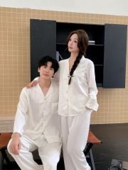 Đồ bộ ngủ pyjama nam nữ Shury Store Home Wear DD14 size 45-95kg màu trắng bộ đôi couple lụa mềm mát