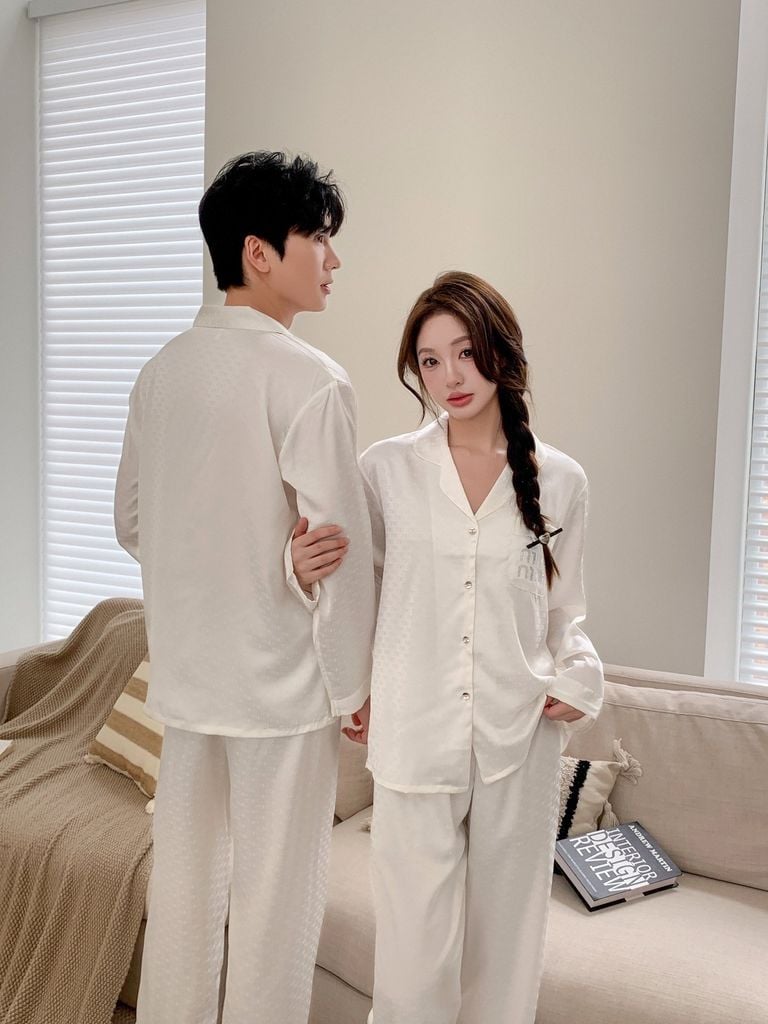 Đồ bộ ngủ pyjama nam nữ Shury Store Home Wear DD14 size 45-95kg màu trắng bộ đôi couple lụa mềm mát