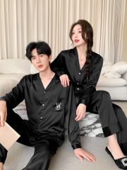Đồ bộ ngủ pyjama nam nữ Shury Store Home Wear DD21 size 45-95kg màu đen tay dài bộ đôi couple lụa