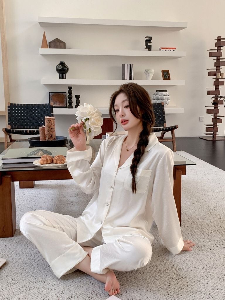 Đồ ngủ pyjama lụa nam nữ Shury Store Home Wear DD27 size 45-95kg tay dài quần dài  bộ đôi couple lụa