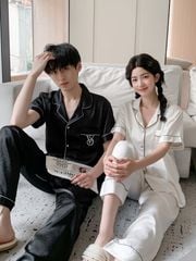 Đồ ngủ pyjama nam nữ Shury Store Home Wear CND18 bộ đôi ngủ lụa couple nữ trắng nam đen size 45-95kg
