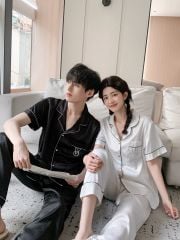 Đồ ngủ pyjama nam nữ Shury Store Home Wear CND18 bộ đôi ngủ lụa couple nữ trắng nam đen size 45-95kg