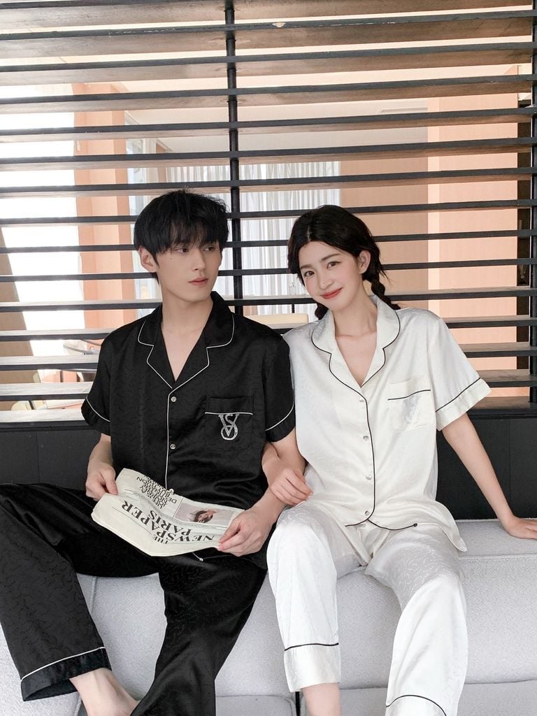 Đồ ngủ pyjama nam nữ Shury Store Home Wear CND18 bộ đôi ngủ lụa couple nữ trắng nam đen size 45-95kg