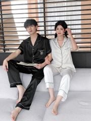 Đồ ngủ pyjama nam nữ Shury Store Home Wear CND18 bộ đôi ngủ lụa couple nữ trắng nam đen size 45-95kg