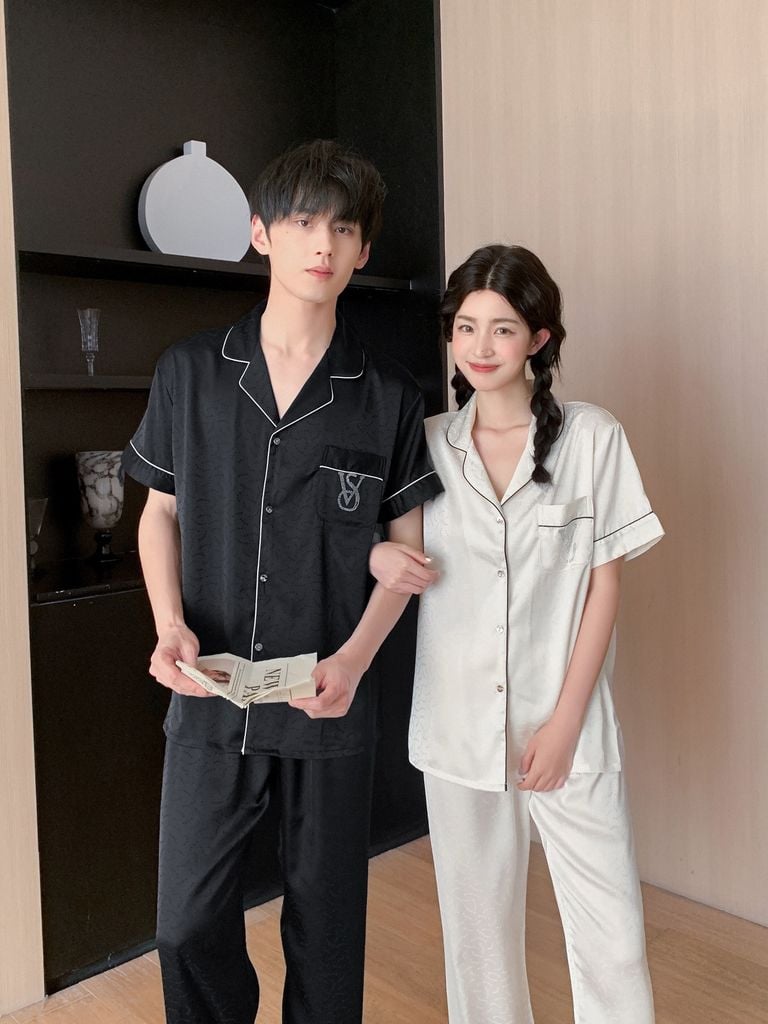 Đồ ngủ pyjama nam nữ Shury Store Home Wear CND18 bộ đôi ngủ lụa couple nữ trắng nam đen size 45-95kg