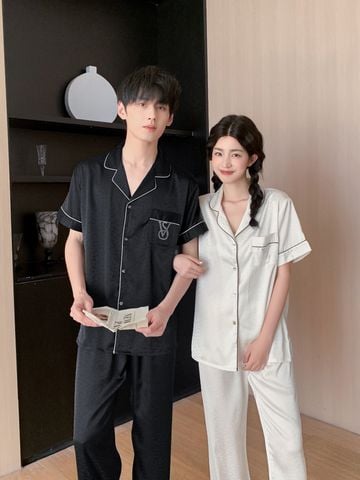 Đồ ngủ pyjama nam nữ Shury Store Home Wear CND18 bộ đôi ngủ lụa couple nữ trắng nam đen size 45-95kg