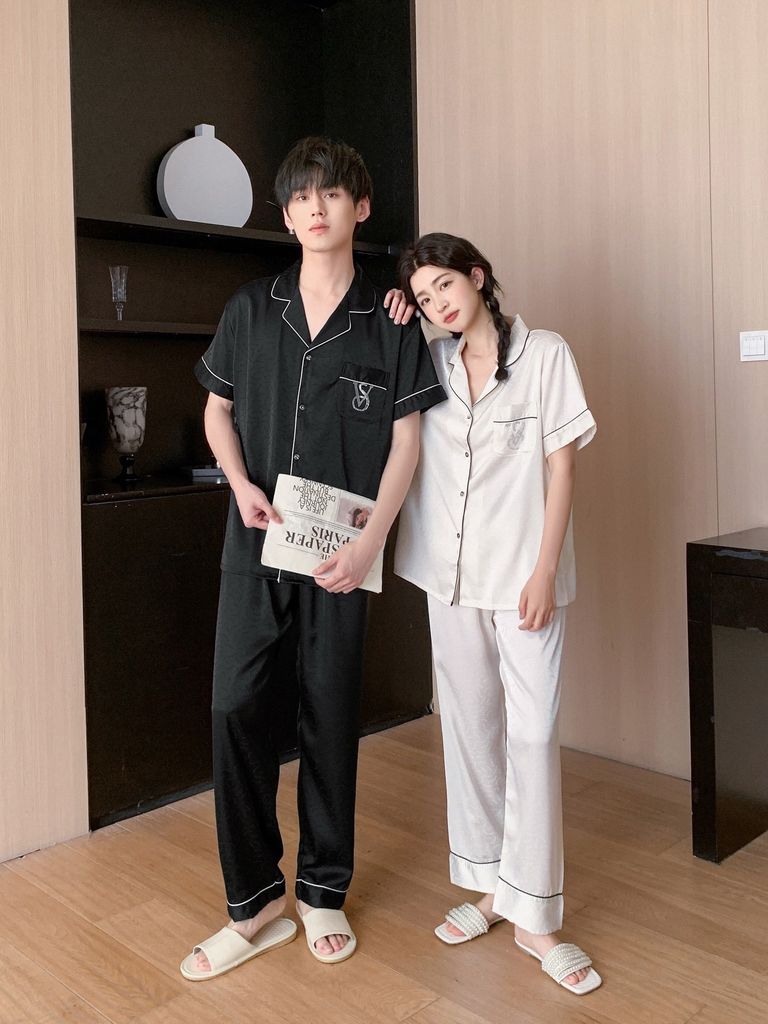 Đồ ngủ pyjama nam nữ Shury Store Home Wear CND18 bộ đôi ngủ lụa couple nữ trắng nam đen size 45-95kg
