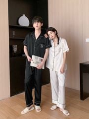 Đồ ngủ pyjama nam nữ Shury Store Home Wear CND18 bộ đôi ngủ lụa couple nữ trắng nam đen size 45-95kg