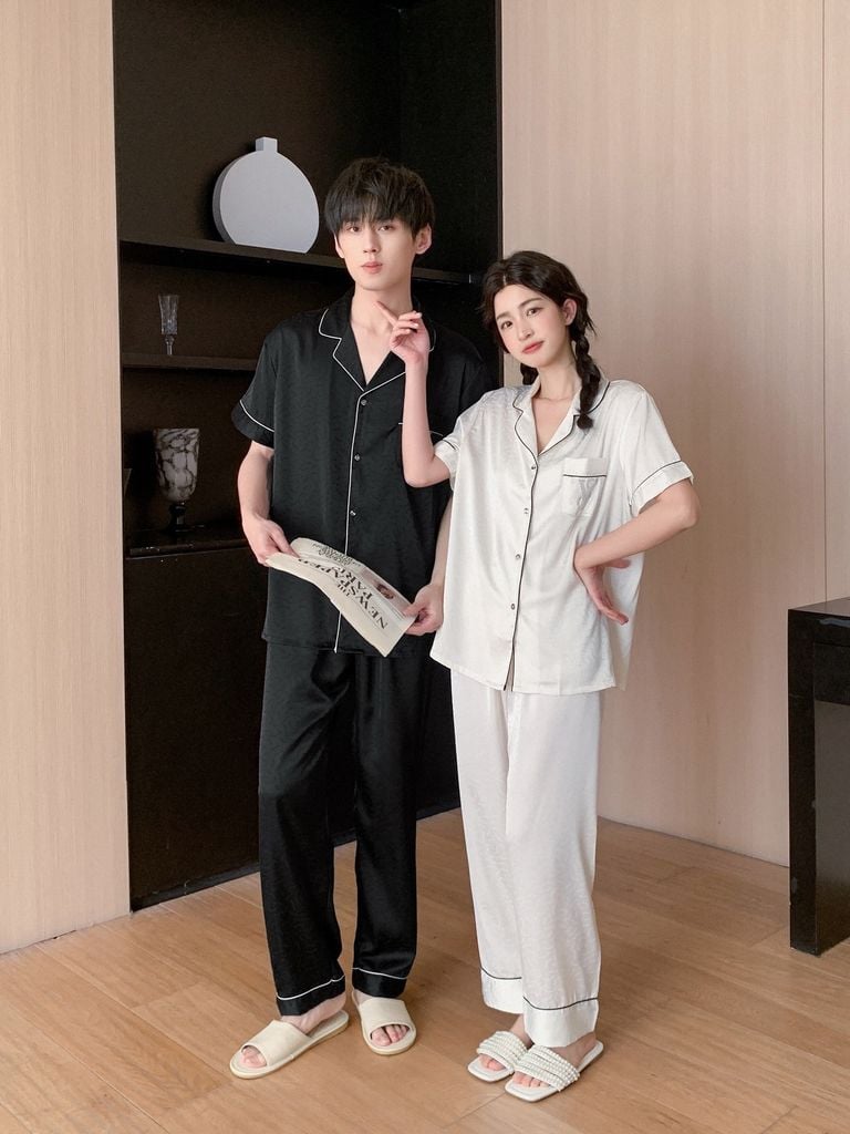 Đồ ngủ pyjama nam nữ Shury Store Home Wear CND18 bộ đôi ngủ lụa couple nữ trắng nam đen size 45-95kg
