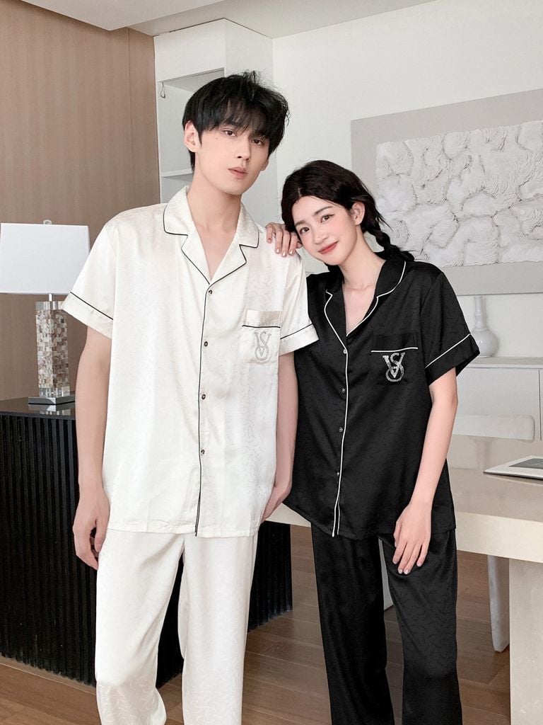 Đồ ngủ pyjama nam nữ Shury Store Home Wear CND18 bộ đôi ngủ lụa couple nữ trắng nam đen size 45-95kg