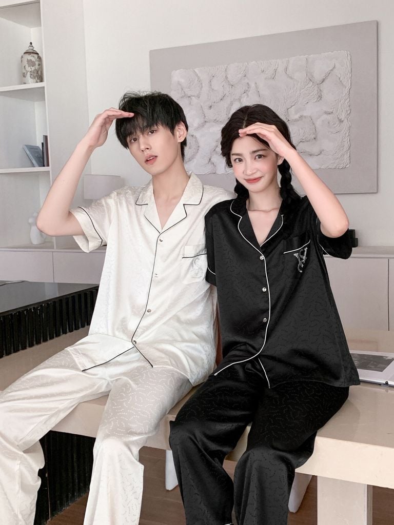 Đồ ngủ pyjama nam nữ Shury Store Home Wear CND18 bộ đôi ngủ lụa couple nữ trắng nam đen size 45-95kg
