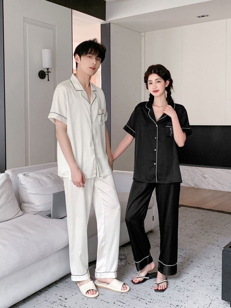 Đồ ngủ pyjama nam nữ Shury Store Home Wear CND18 bộ đôi ngủ lụa couple nữ trắng nam đen size 45-95kg