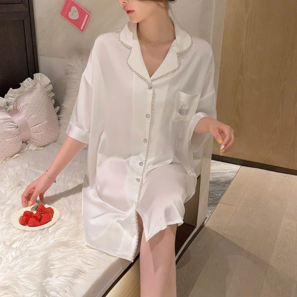 Váy ngủ sơ mi lụa Shury Store Home Wear SM33 đầm ngủ lụa freesize mềm mát mặc nhà thoải mái