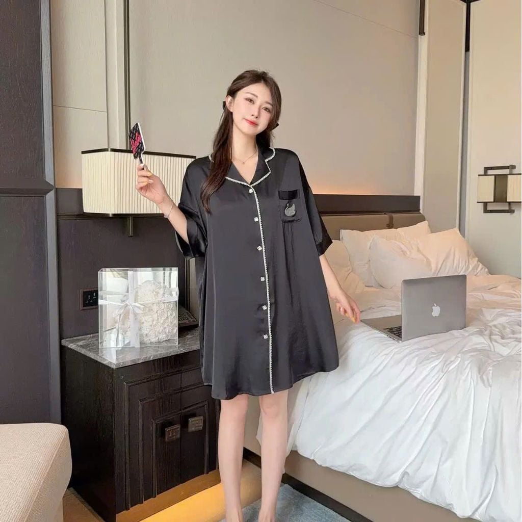 Váy ngủ sơ mi lụa Shury Store Home Wear SM33 đầm ngủ lụa freesize mềm mát mặc nhà thoải mái