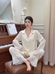 Đồ bộ ngủ nữ pyjama lụa Shury Store Home Wear TD07 tay dài quần dài màu trắng xanh mặc nhà mềm mát