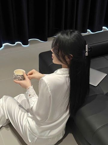 Đồ bộ ngủ nữ pyjama lụa Shury Store Home Wear TD07 tay dài quần dài màu trắng xanh mặc nhà mềm mát