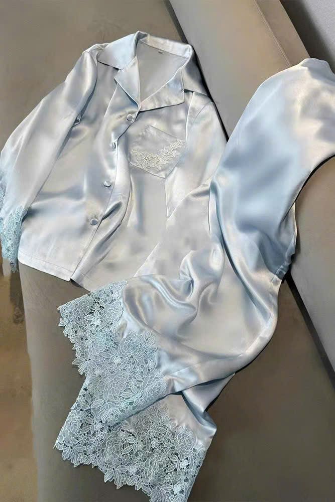 Đồ bộ ngủ nữ pyjama lụa Shury Store Home Wear TD07 tay dài quần dài màu trắng xanh mặc nhà mềm mát