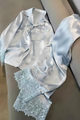 Đồ bộ ngủ nữ pyjama lụa Shury Store Home Wear TD07 tay dài quần dài màu trắng xanh mặc nhà mềm mát