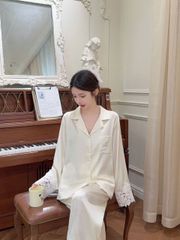 Đồ bộ ngủ nữ pyjama lụa Shury Store Home Wear TD07 tay dài quần dài màu trắng xanh mặc nhà mềm mát