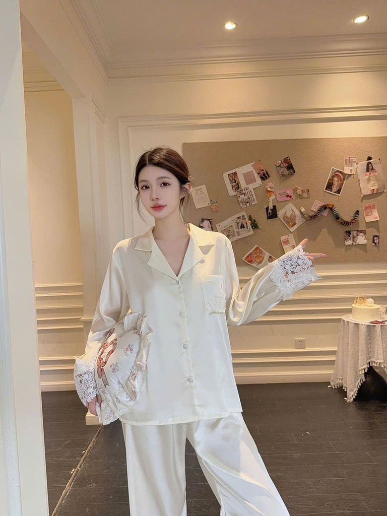 Đồ bộ ngủ nữ pyjama lụa Shury Store Home Wear TD07 tay dài quần dài màu trắng xanh mặc nhà mềm mát