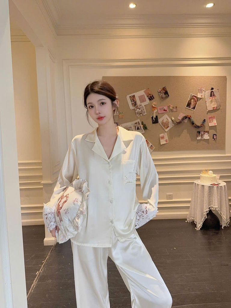 Đồ bộ ngủ nữ pyjama lụa Shury Store Home Wear TD07 tay dài quần dài màu trắng xanh mặc nhà mềm mát