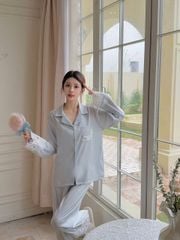 Đồ bộ ngủ nữ pyjama lụa Shury Store Home Wear TD07 tay dài quần dài màu trắng xanh mặc nhà mềm mát