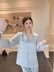 Đồ bộ ngủ nữ pyjama lụa Shury Store Home Wear TD07 tay dài quần dài màu trắng xanh mặc nhà mềm mát