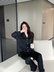 Đồ bộ ngủ nữ pyjama lụa Shury Store Home Wear TD40 bộ ngủ lụa tay dài quần dài màu đen size 45-75kg