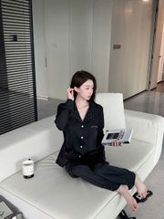 Đồ bộ ngủ nữ pyjama lụa Shury Store Home Wear TD40 bộ ngủ lụa tay dài quần dài màu đen size 45-75kg