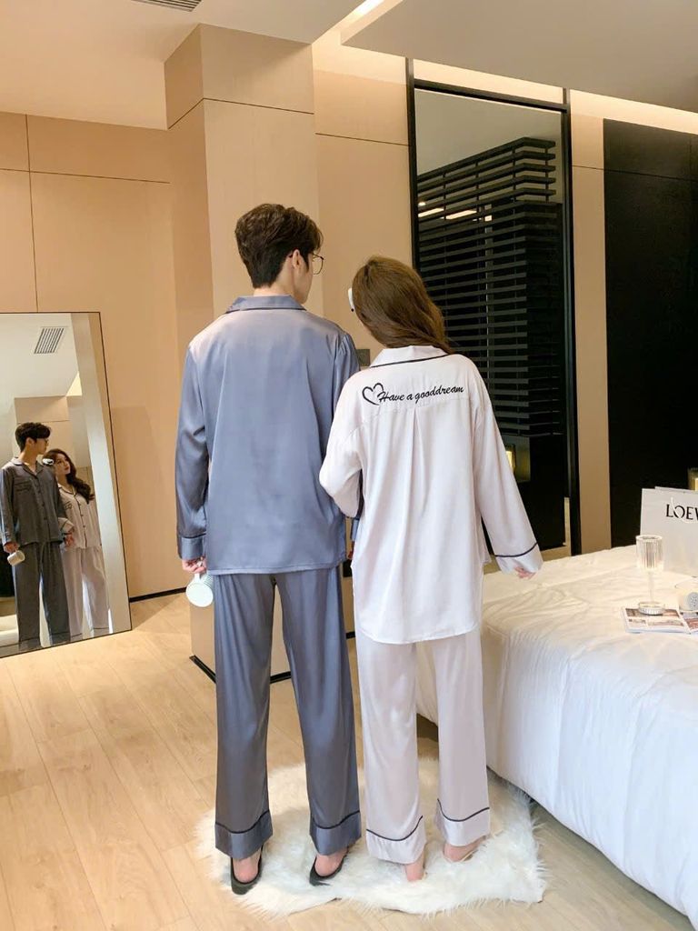 Đồ ngủ pyjama lụa nam nữ Shury Store Home Wear DD02 size 45-95kg tay dài quần dài  bộ đôi couple lụa