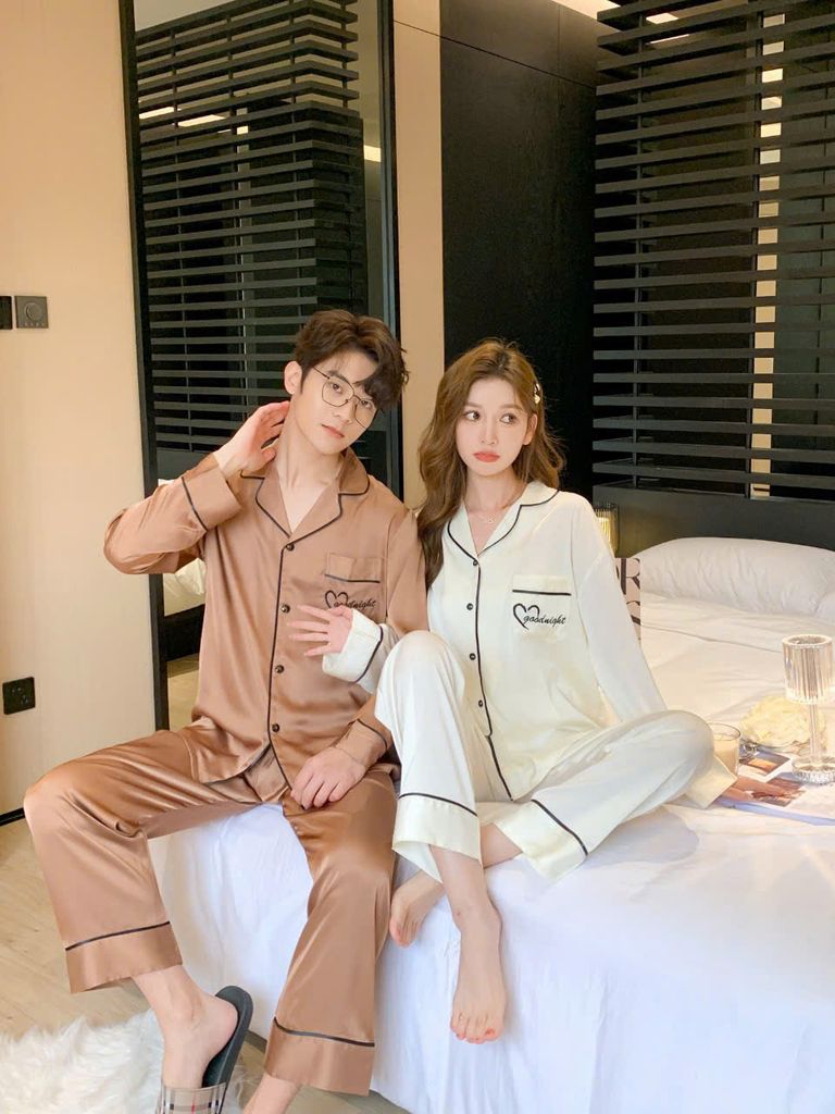 Đồ ngủ pyjama lụa nam nữ Shury Store Home Wear DD02 size 45-95kg tay dài quần dài  bộ đôi couple lụa
