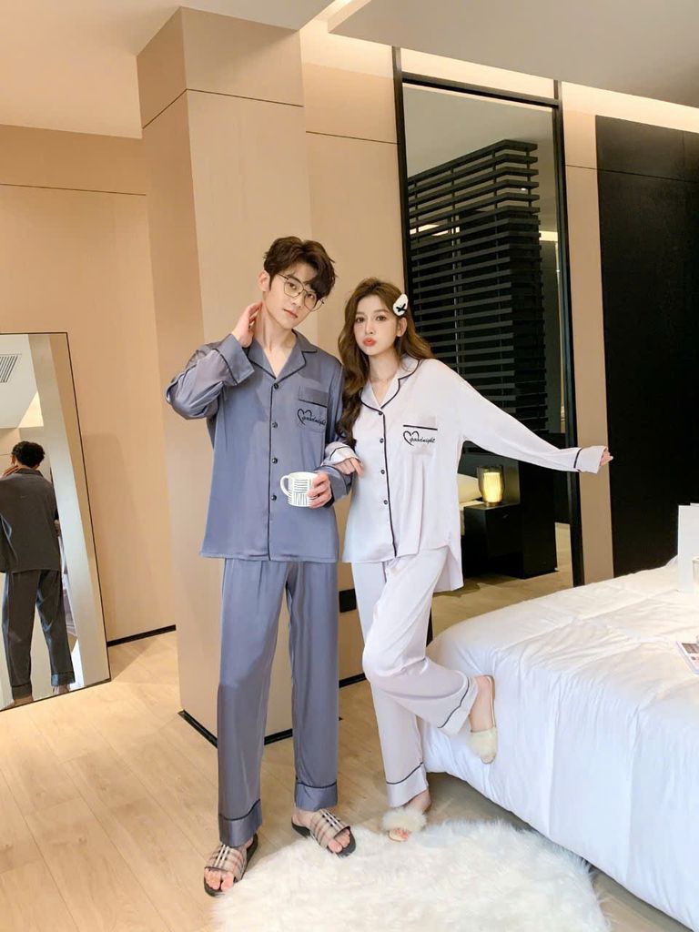 Đồ ngủ pyjama lụa nam nữ Shury Store Home Wear DD02 size 45-95kg tay dài quần dài  bộ đôi couple lụa