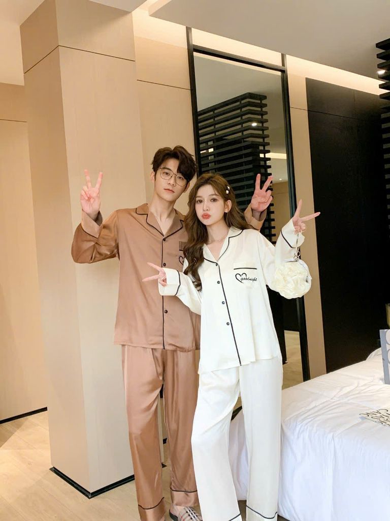 Đồ ngủ pyjama lụa nam nữ Shury Store Home Wear DD02 size 45-95kg tay dài quần dài  bộ đôi couple lụa