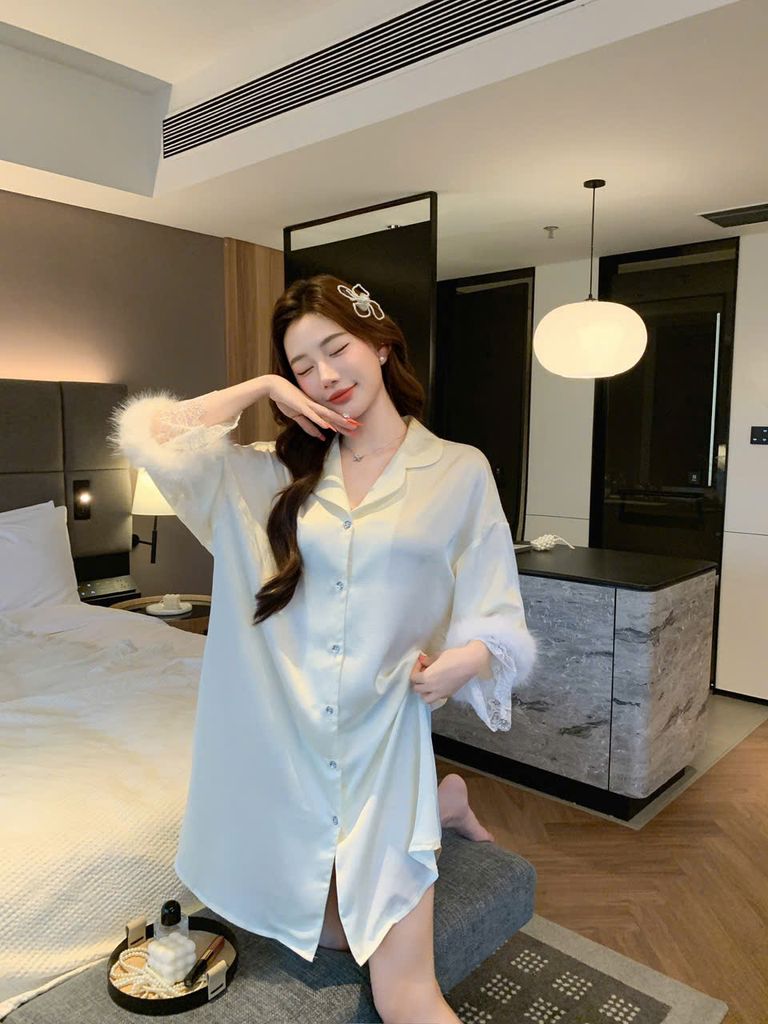 Váy ngủ sơmi lụa nữ Shury Store Home Wear SM34 freesize 45-75kg đầm ngủ mặc nhà suông rộng mềm mại