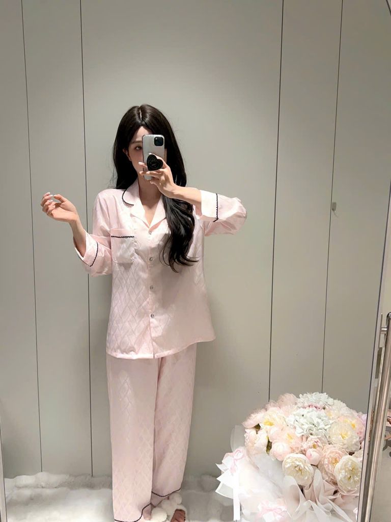 Đồ bộ ngủ nữ pyjama lụa Shury Store Home Wear TD07 tay dài quần dài hoạ tiết in chìm mặc nhà mềm mát
